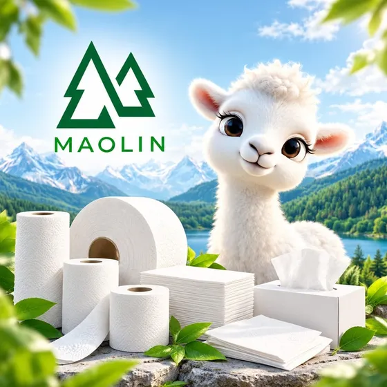 Маскот MAOLIN, белый верблюжонок Ақбота, рядом с туалетной бумагой, полотенцами и салфетками на фоне гор